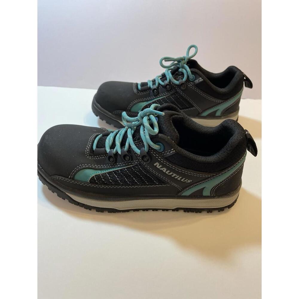 Women's Asics Nautilus Alloy  Toe Work Shoe N1466 Size 8.5W Black/Teal Lace up